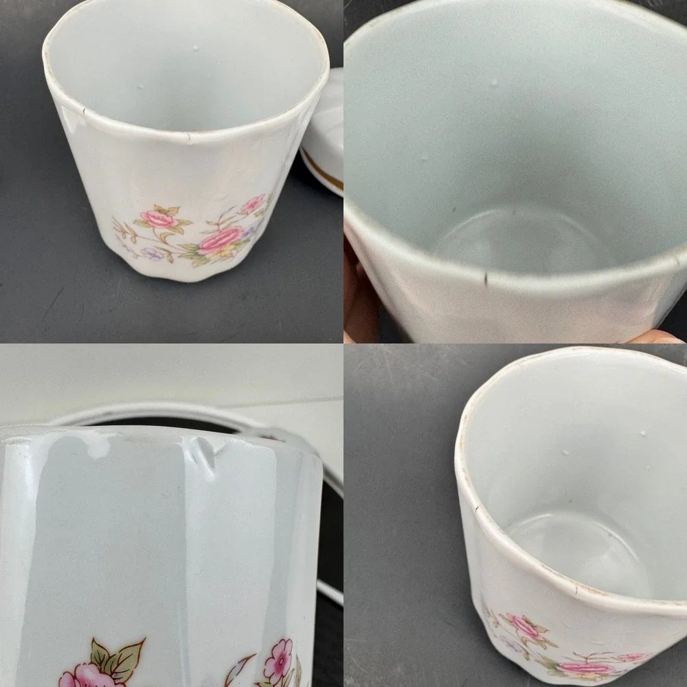 1Vtg 80s FTDA White Ceramic Floral Canister Jar w Lid Spoon Holder Tabletop READ